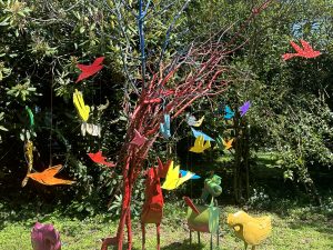 Colorful art installation in garden